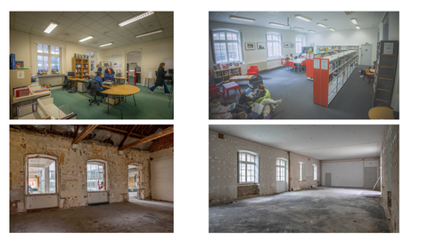 Photos avant/après de l'accueil et de la salle Zola