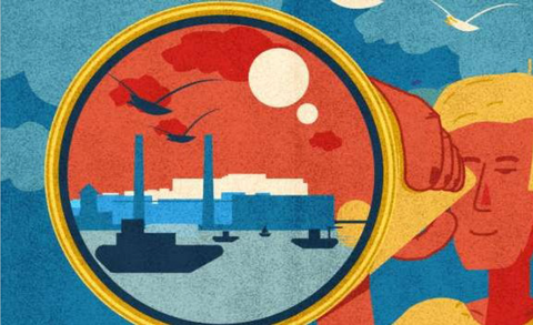 Reflet d'un port dans la lentille d'une longue vue