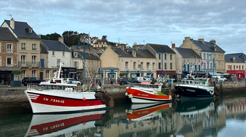 Trois bateaux sont amarrés dans le bassin du port, en face de bâtiments et de commerces.